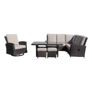 Cheshire 7-Piece Aluminum Chow Dining Recline Sectional Set with Swivel Glider and Ottomans with Cream Cushions
