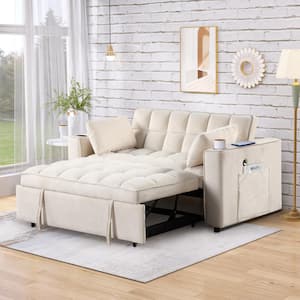 55.3 in. Milky White Multi-functional Velvet Twin Size Sofa Bed with 2 Pillows Cup Holder USB Port and Side Pockets