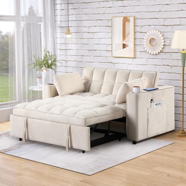 Harper & Bright Designs 58 in. Milky White Multi-functional Velvet Twin Size Sofa Bed with 2-Pillows Cup Holder USB Port and Side Pockets