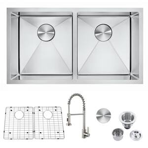 Silver Stainless Steel 32 in. Double Bowl Undermount Kitchen Sink with Faucet