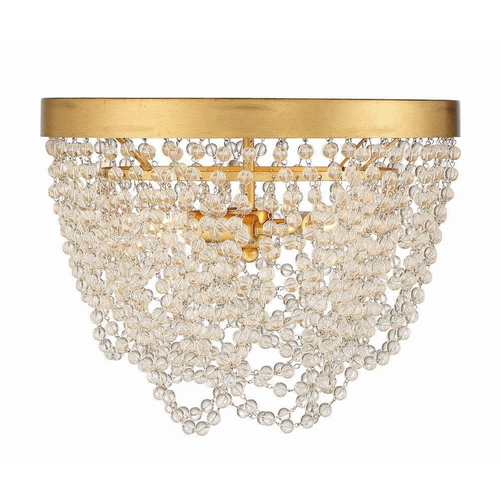 Antique Gold and Clear Glass Beaded 3-Light Flush Mount