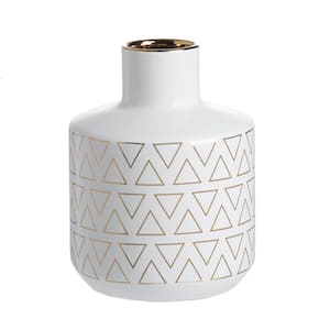 Gloss White, Gold Ceramic Decorative Vase - 7.9 in. High