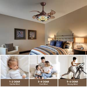 36 in. Indoor Smart Integrated LED Brown Retractable Ceiling Fan with Light and Remote Included Tiffany Glass Shade