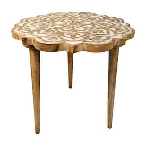 18 in. Antique Brown and White Round Handcrafted Mango Wood Side End Table with Floral Carved Top and Tripod Base