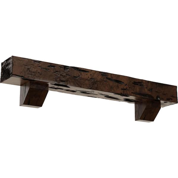 Ekena Millwork 4 in. x 4 in. x 7 ft. Pecky Cypress Faux Wood Fireplace Mantel Kit, Ashford Corbels, Premium Aged