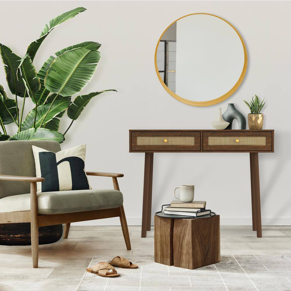 Walnut Mid-Century Modern Console Table with Rattan Drawers