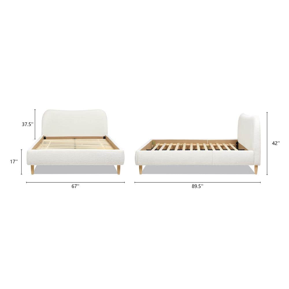 Ivory White Boucle Upholstered Queen Platform Bed with Curved Headboard