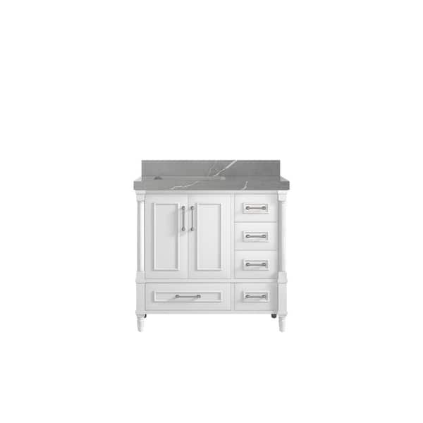 Willow Collections Hudson 36 in. W x 22 in. D x 36 in. H Left Offset Sink Bath Vanity in White with 2 in Piatra Gray Quartz Top