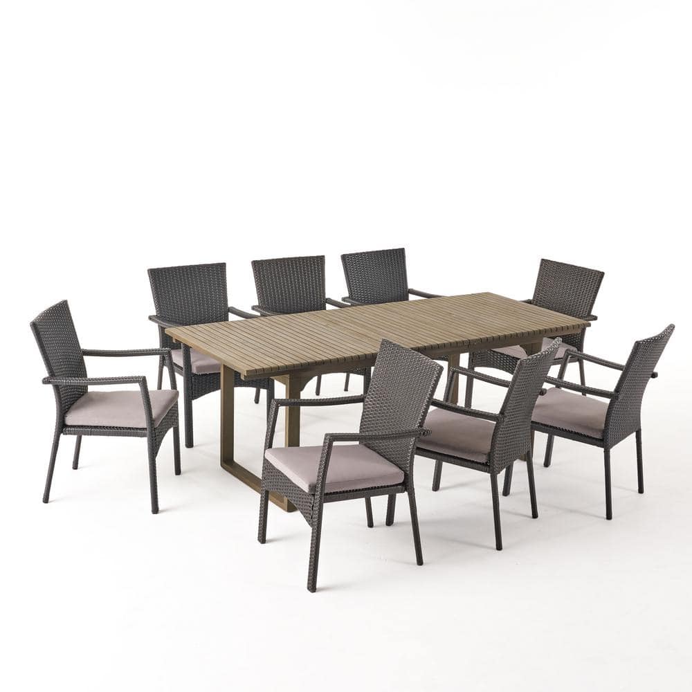 Gray Acacia Wood and Wicker 9-Piece Expandable Patio Dining Set