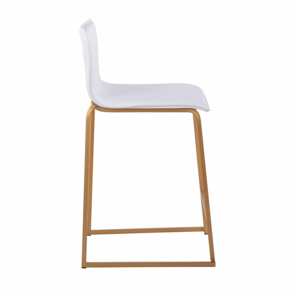 Set of 2 White Faux Leather and Gold Metal Counter Stools