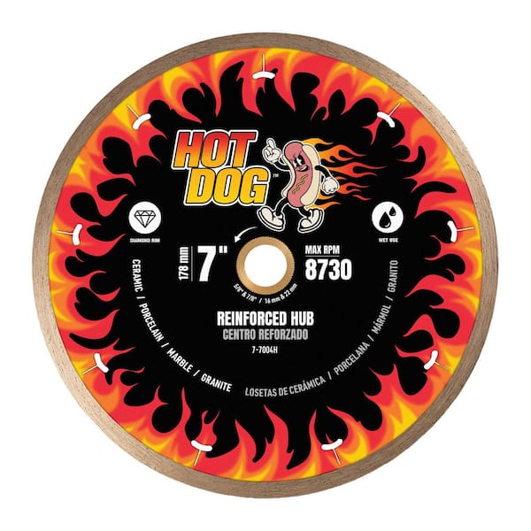 Hot Dog 7 in. Diamond Blade with Reinforced Steel Hub Cuts Wet Through Porcelain, Ceramic, Marble and Granite