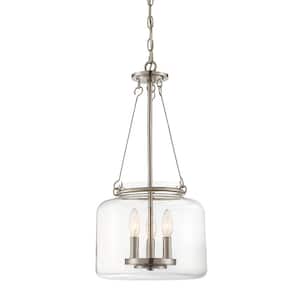 Akron 12 in. W x 24 in. H 3-Light Satin Nickel Shaded Pendant Light with Clear Glass Shade