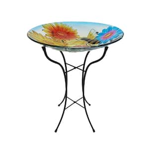 18 in. Glass Birdbath with Flowers and Bee with Metal Stand