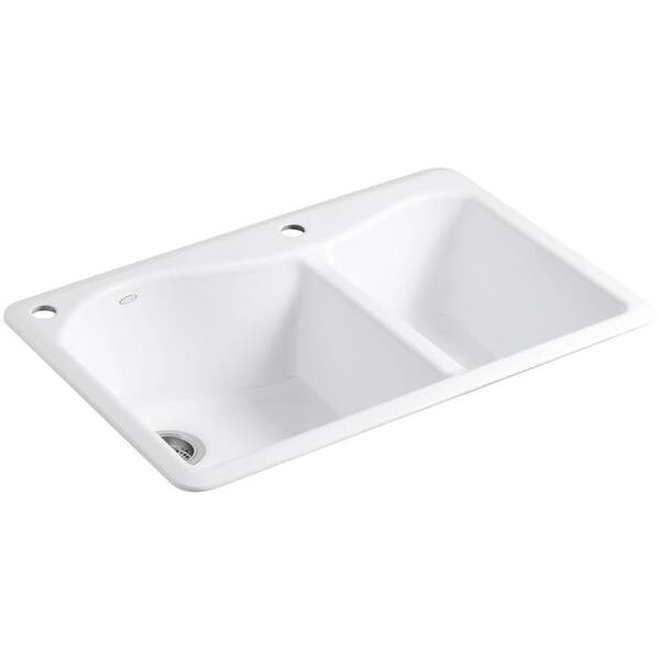 KOHLER Lawn Field Drop-in Cast Iron 33 in. 2-Hole Double Bowl Kitchen Sink in White