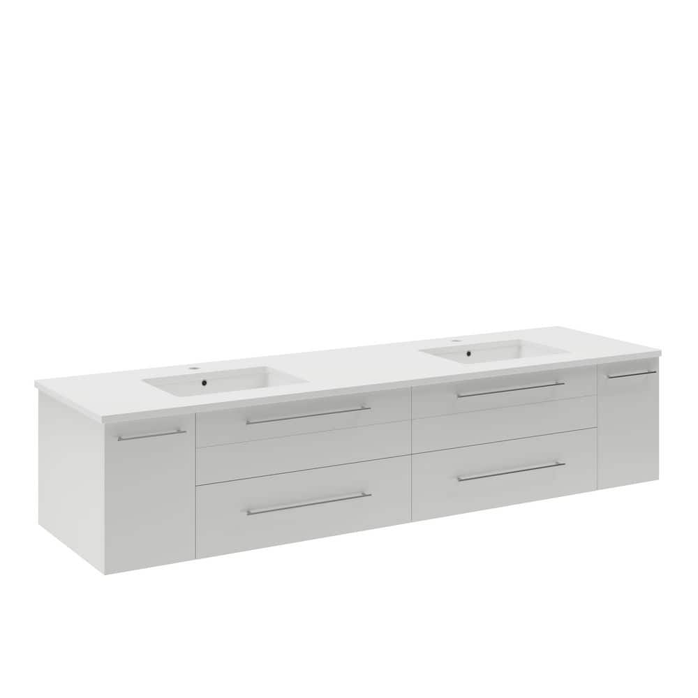 72" White Modern Wall-Mount Double Vanity with Quartz Top