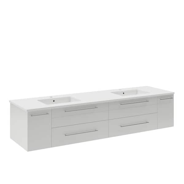Fresca Lucera 72 in. Double Sink Wall Mount Floating White Bath Vanity with White Quartz Top and Undermount Ceramic Sinks