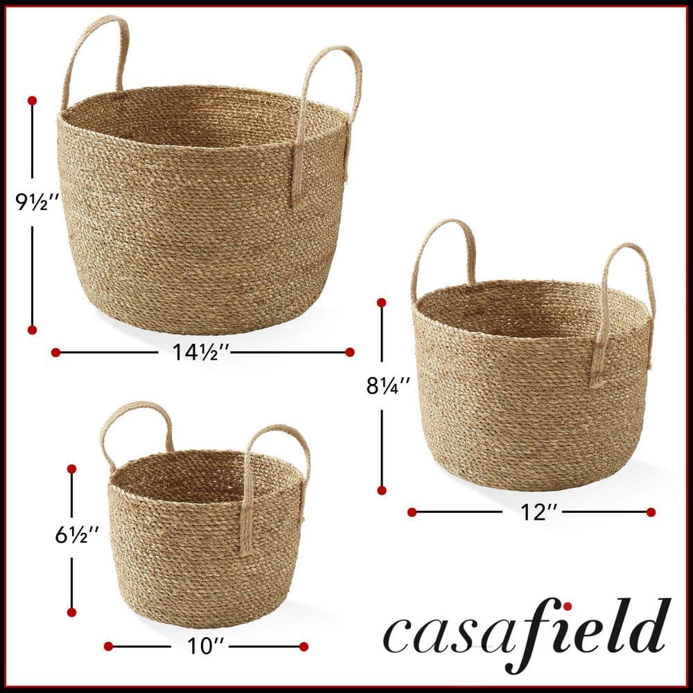 Set of 3 Natural Seagrass Round Storage Baskets with Jute Handles