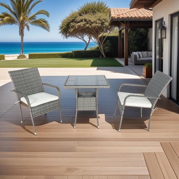 Unbranded Grey 3-Piece Wicker Patio Conversation Set,Outdoor Table and Chairs Set with White Cushions for Backyard,Balcony,Porch
