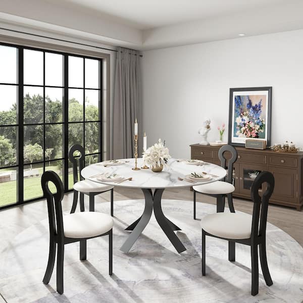 Magic Home 59.05 in. White Sintered Stone Tabletop with Black Pedestal Base Dining Table (Seats 8)