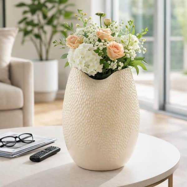 Liv & Skye 12 in. Cream/Ivory Ceramic Round Textured Embossed Decorative Vase