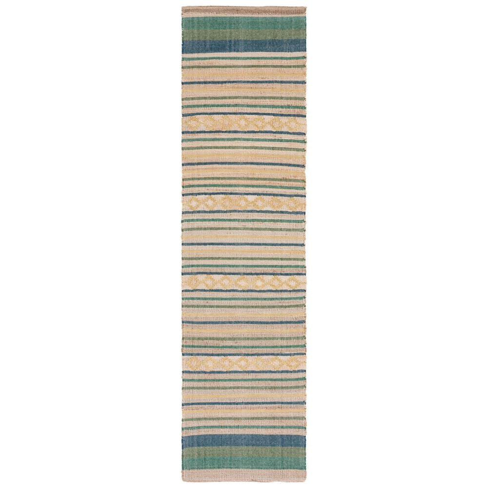 Handwoven Natural and Green Wool Cotton Kilim Rug - 2' 3" x 9'