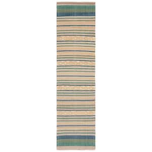 Kilim Natural/Green 2 ft. x 9 ft. Striped Solid Color Runner Rug