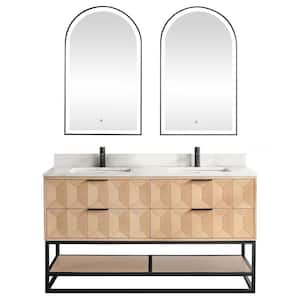Milagro 60 in. W x 22 in. D x 33.8 in. H Double Sink Bath Vanity in Washed Ash Grey with White Qt. Stone Top and Mirror