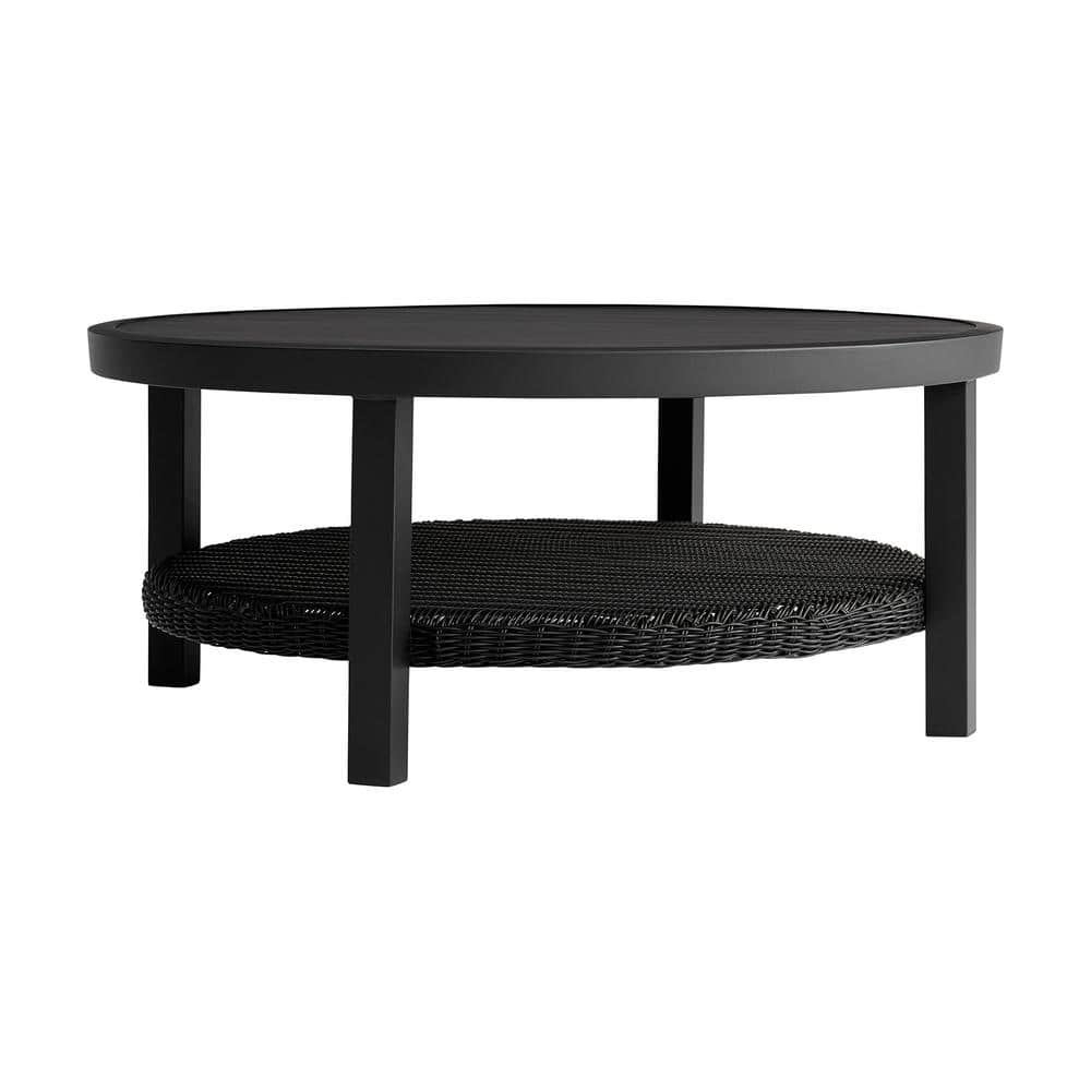 Grand Black Aluminum Round Outdoor Coffee Table with Wicker Shelf