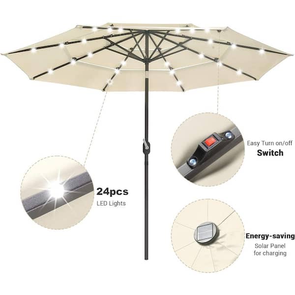Unbranded 9 ft. Prelit Umbrella 3-Tiered Patio Umbrella with Lights, Beige