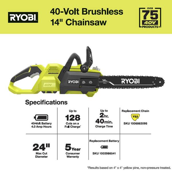 Details about   Ryobi Cordless Chainsaw Battery Charger Brushless Variable Speed 40Volt 14 in.