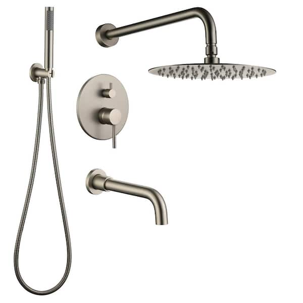 Mondawe 1-Spray 10 in. Round Wall Mount Dual Rain Fixed and Handheld Shower Head 1.8 GPM in Brushed Nickle