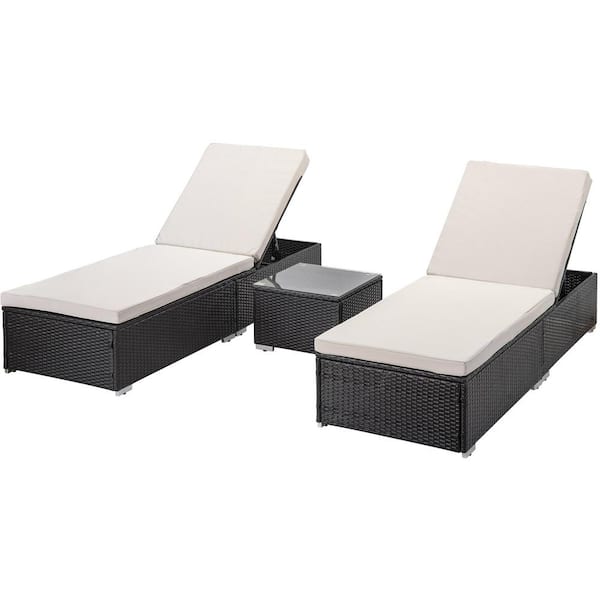 Tunearary 3-Piece Wicker Outdoor Patio Chaise Adjustable Backrest Lounge Chair Sets with White Cushions and Dark Coffee Frame