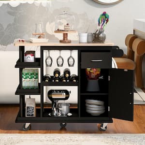 Black Rubber Wood Top 40 in. Kitchen Island Multipurpose Cart Cabinet with Side Storage Shelves 5-Wheels Wine Rack