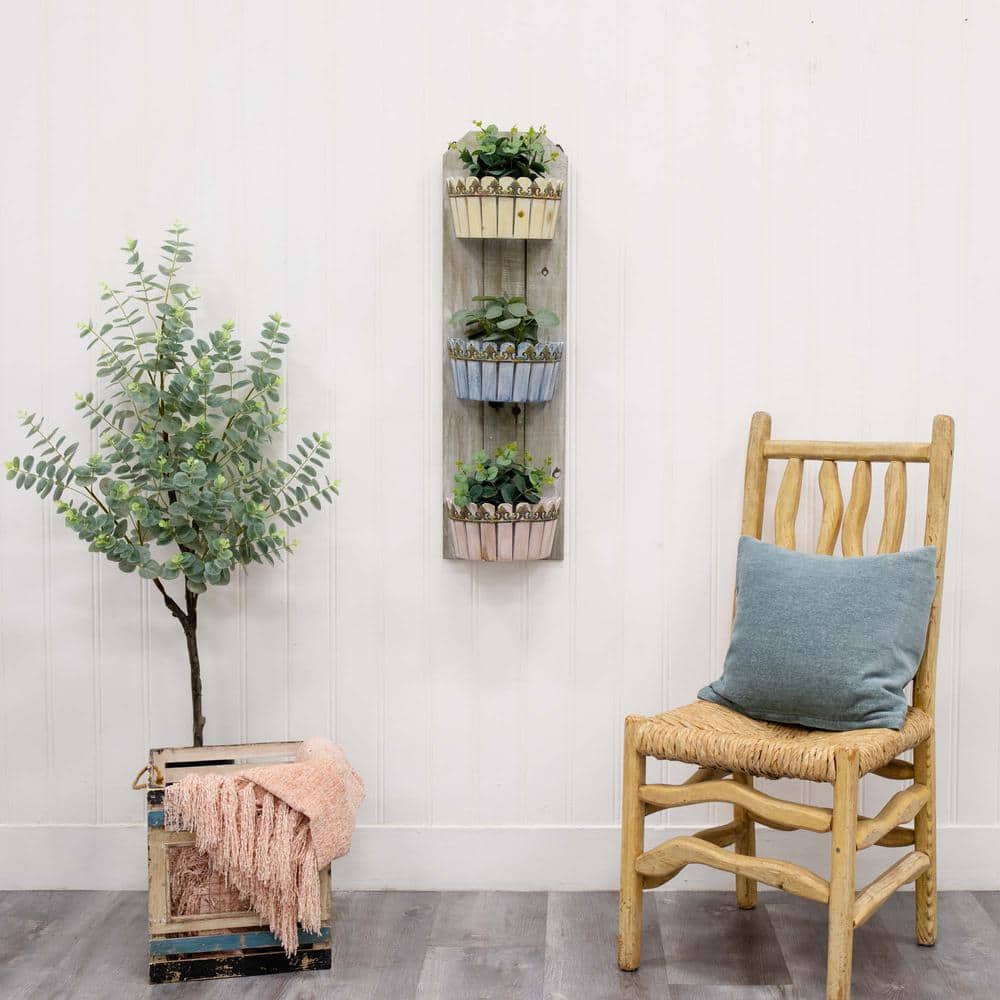 Rustic Wooden 35" Triple Basket Wall Planter for Indoor/Outdoor