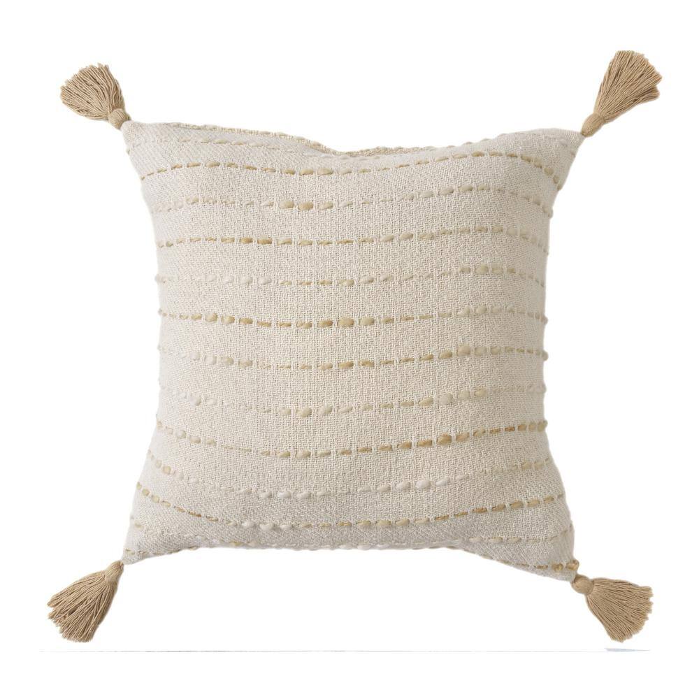 Beige Striped Hand-Woven Cotton Blend Square Throw Pillow