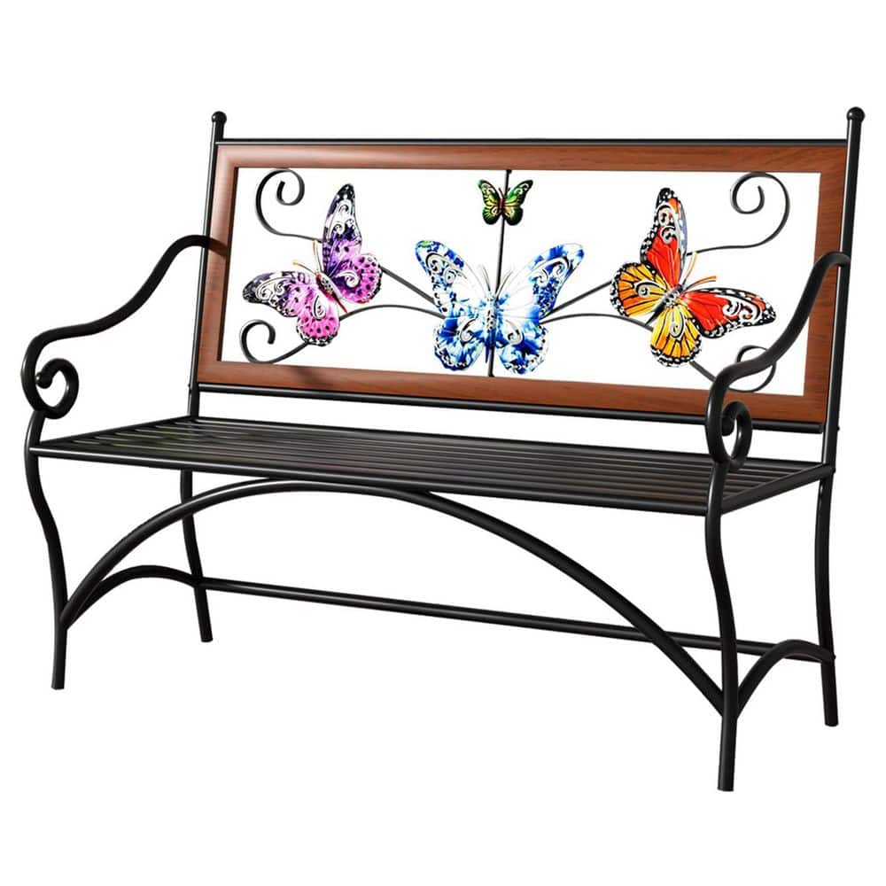 Black Metal Outdoor Bench with Armrest Slatted Seat Butterfly Backrest for Garden Porch Lawn Balcony Patio price history on PriceWatchPro