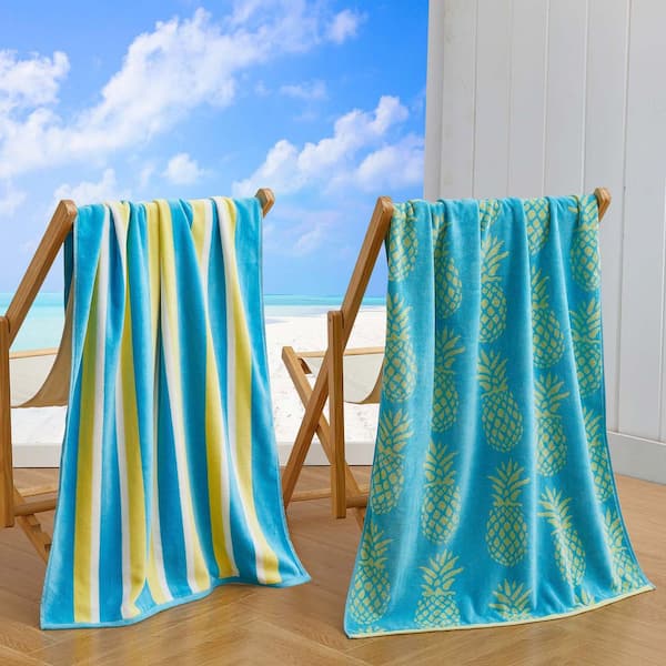 FRESHFOLDS Blue/Yellow Pineapple and Stripe 2-Pack 100% Cotton Printed Beach Towel