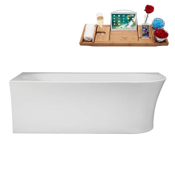 Streamline 67 in. x 30 in. Acrylic Freestanding Soaking Bathtub in Glossy White with Polished Gold Drain, Bamboo Tray