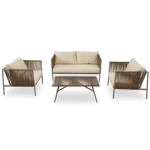 4-Piece Metal Patio Conversation Sofa Set with Toughened Glass Table and Thick Beige Cushions
