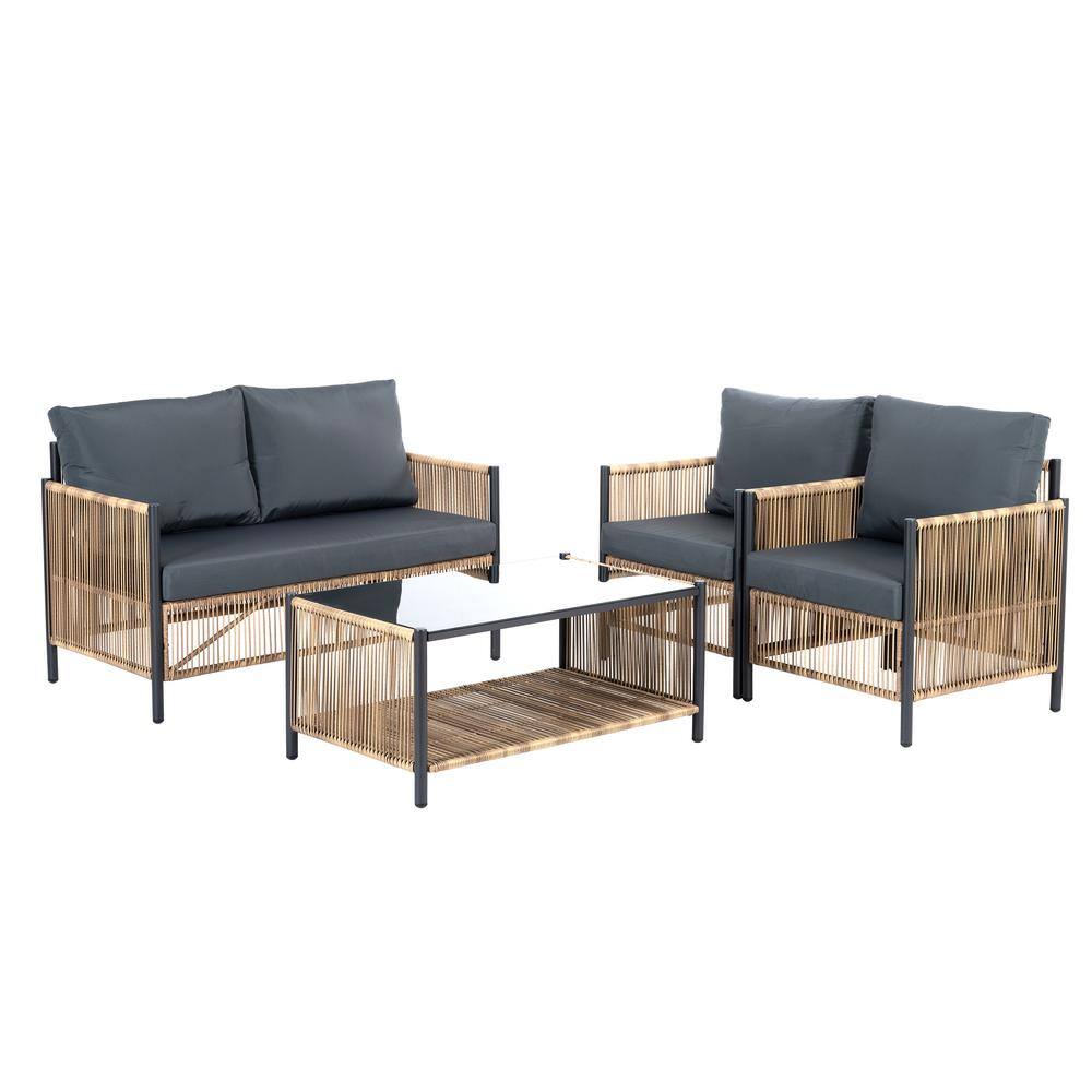 4-Pieces Brown PE Wicker Patio Conversation Set Furniture Sofa Set, with Gr