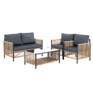 4-Pieces Brown PE Wicker Patio Conversation Set Furniture Sofa Set, with Gray Cushions and Rectangular Coffee Table