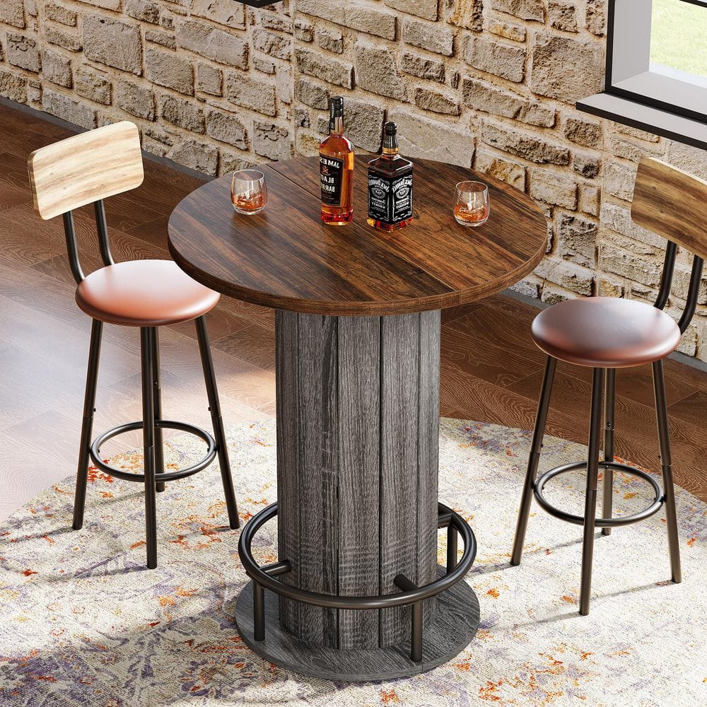 Kearsten 39.4 in. H Brown and Gray Round Bar Table, Bistro Pub Table with Metal Ring Footrest for Dining Coffee Cocktail price history on PriceWatchPro