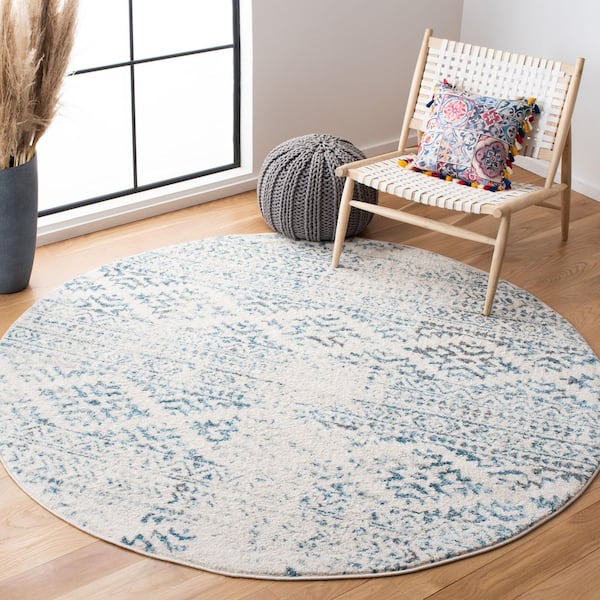 Tulum 12 ft. x 12 ft. Ivory/Turquoise Tribal Round Rug