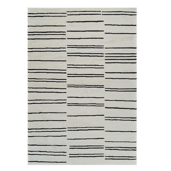 5 ft. x 8 ft. Cream and Black Abstract Worn Faded Area Rug