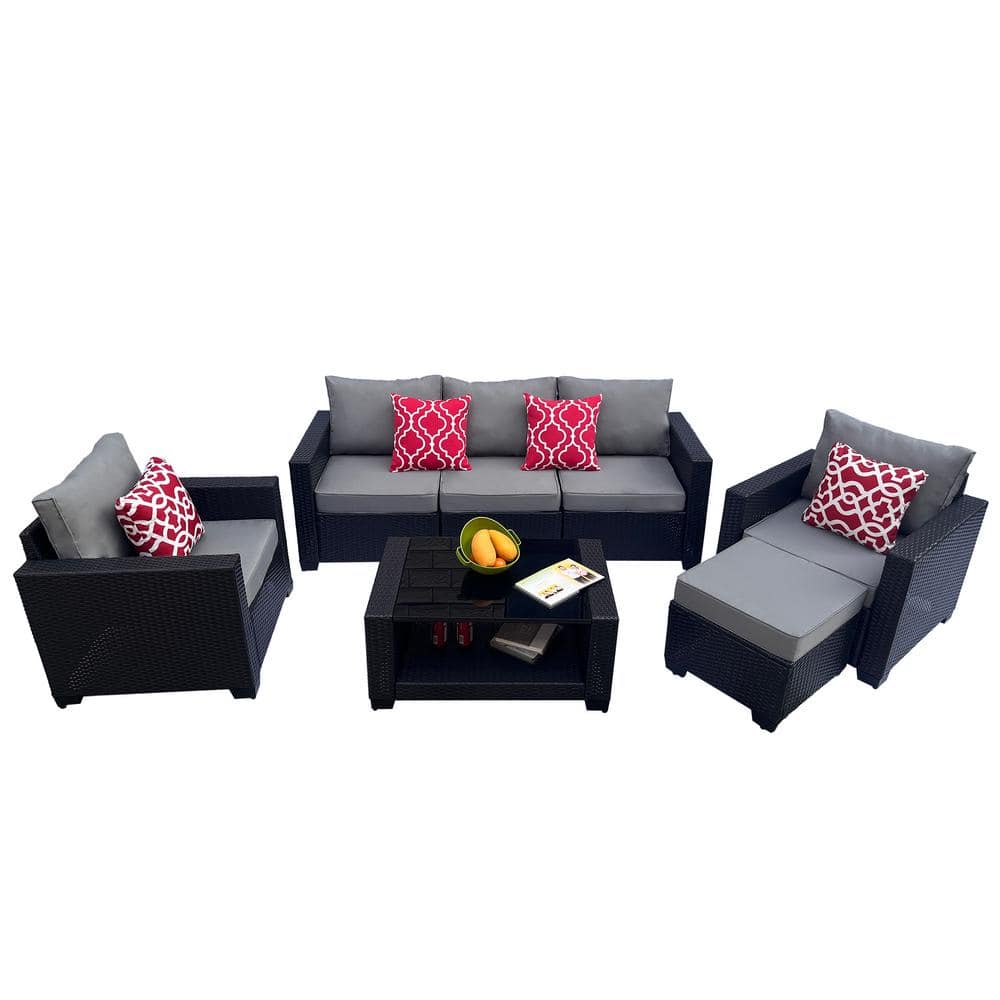 7-Piece Wicker Outdoor Sectional Set, Patio Rattan Sofa Set with Gray Cushi