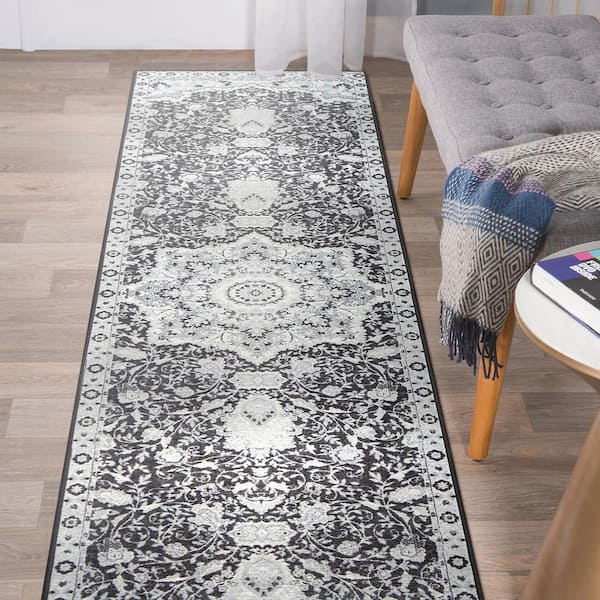 Parviz Grey Medallion 2.5 ft. x 10 ft. Washable Runner Rug