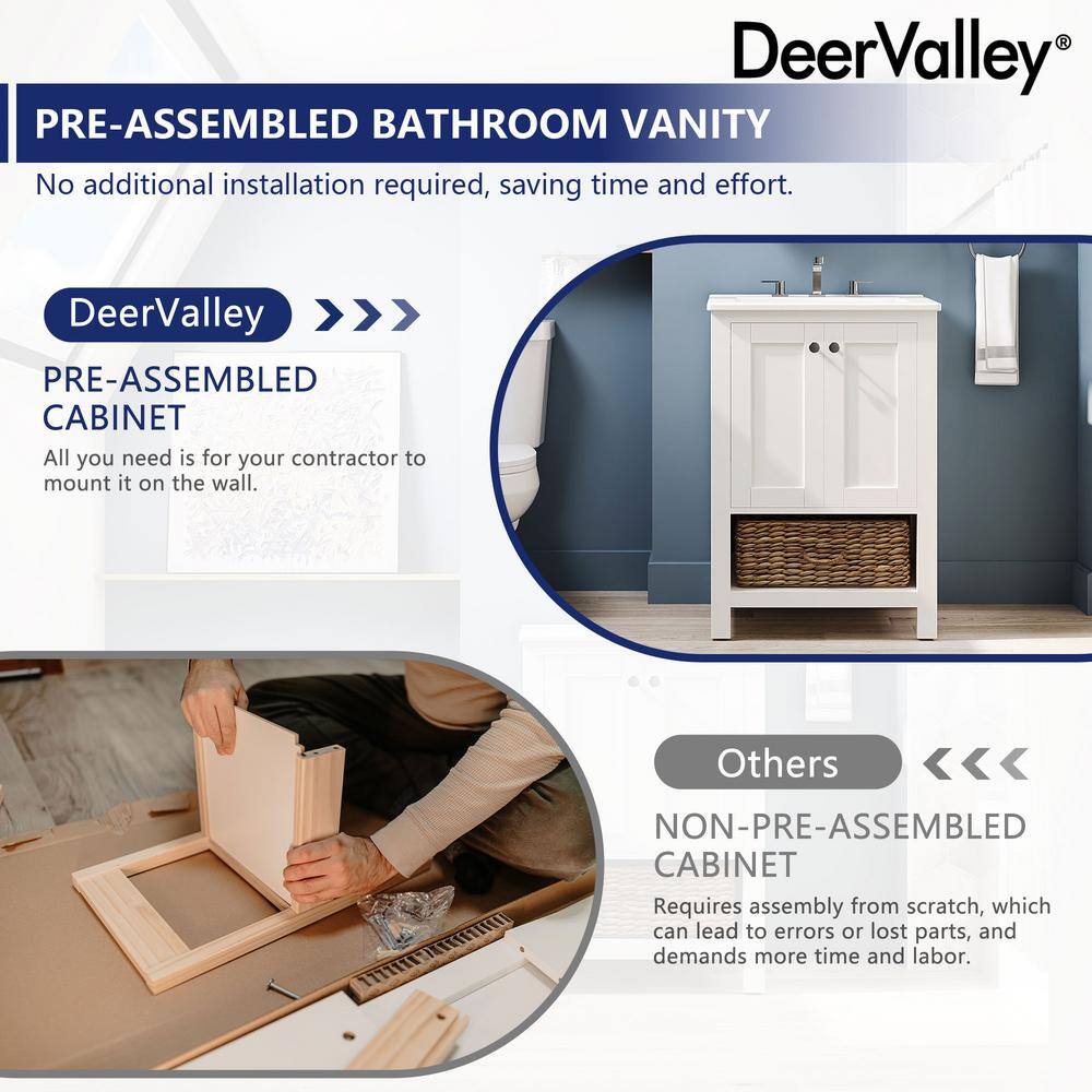 24" White Freestanding Bathroom Vanity with Ceramic Top and Woven Basket