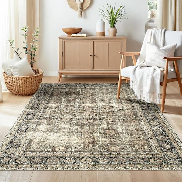 Kingston Brown 5 ft. x 7 ft. Distressed Herati All Over Design Area Rug