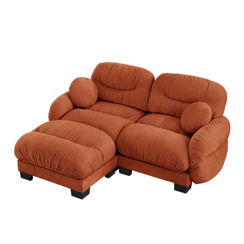 Pleated Design Cozy Chenille Fabric 2-Seater Modular Sofa with Ottoman, Curved Round Armrests, High-Density Foam Seat
