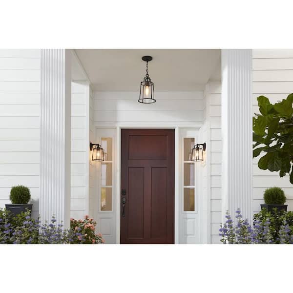 Benton Harbor Collection 1-Light Textured Black Clear Glass Urban Industrial Outdoor Hanging Lantern Light